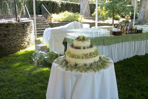 Ferns, hydrangea and thistle decorate this cake!