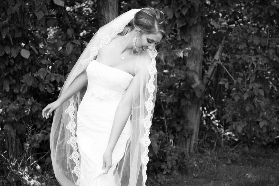 Bride checking out dress