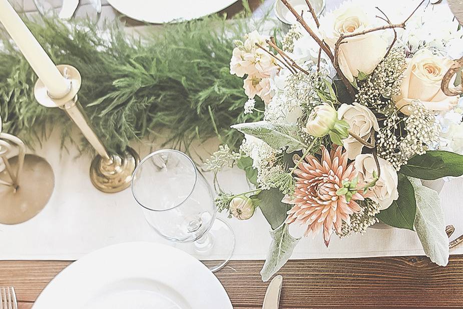 Peach, coral, navy and ivory farm table decor at Washington Grass Inn in Greensboro, GA for wedding reception.