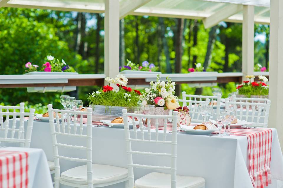 Table setting and plaid runner