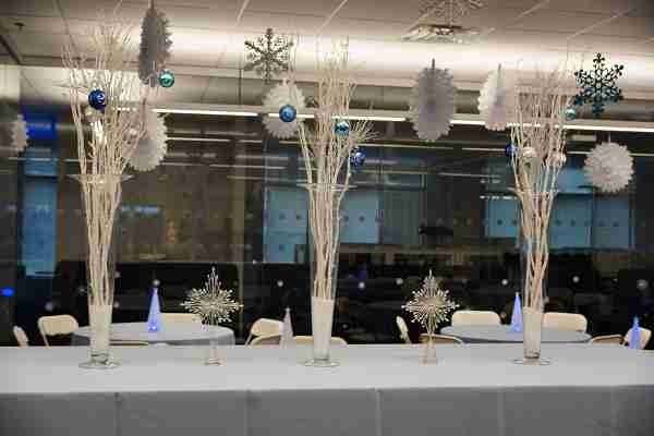 SPARKLY SNOW COVERED BRANCHES AND HANGING SNOWFLAKES ADDED TO THE