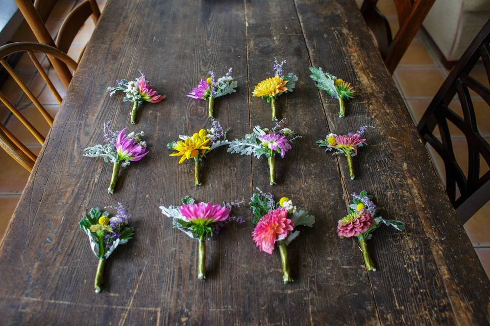 Boutonnieres made by maya for an august wedding with 100% hillen homestead flowers. Photo by julie gelfand and steve piper