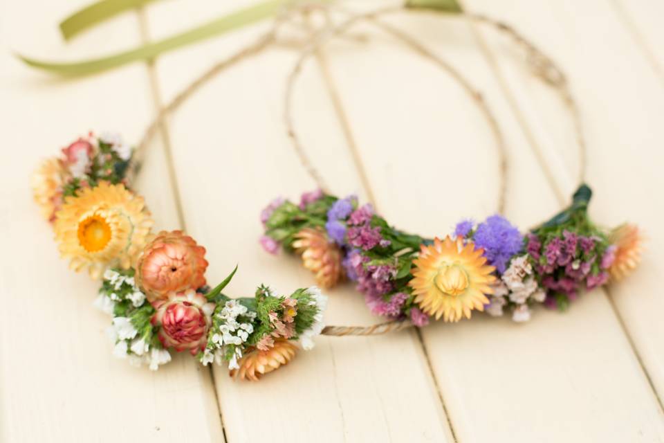 Flower crowns made by maya for a july wedding with 100% hillen homestead flowers. Photo by jamie kovach