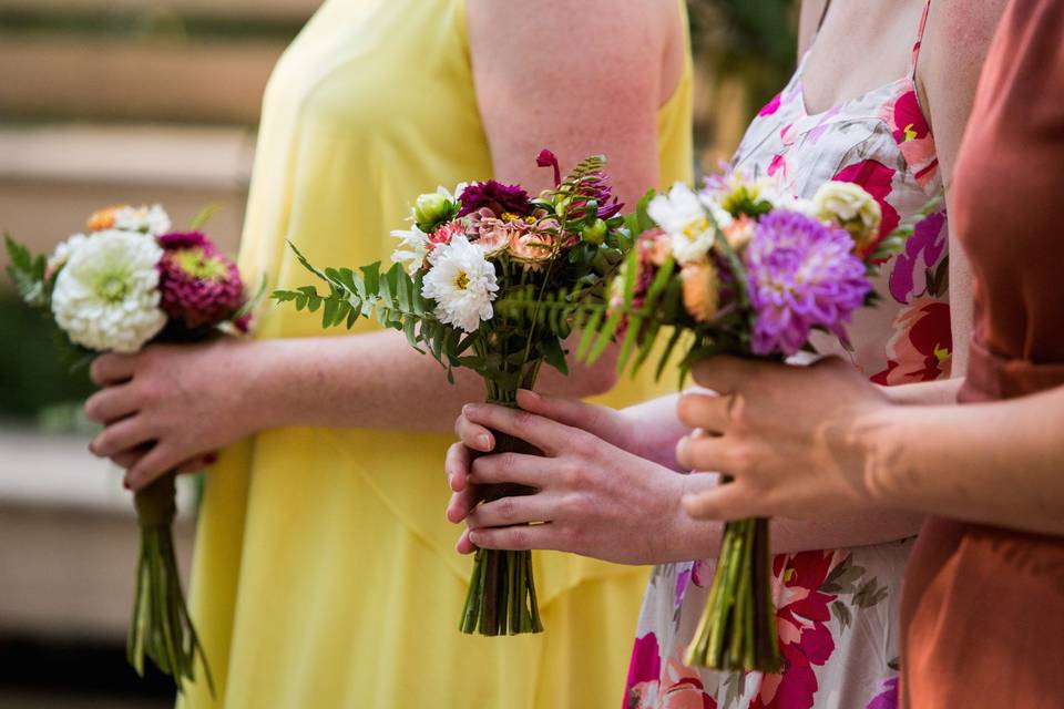 Bridesmaid bouquets for an august wedding made by maya using hillen homestead flowers and foraged ferns. Photo by justin tsucalas