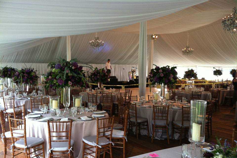 Wedding tent with liner and wood plank flooring