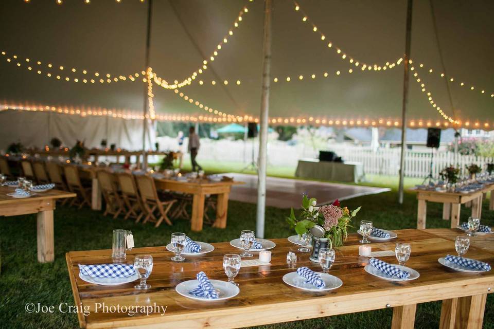 60' x 70' wedding tent with café lights