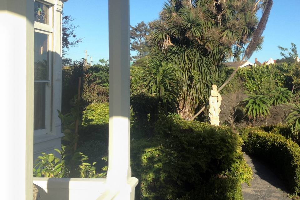Weller House front porch, path to south and east lawns