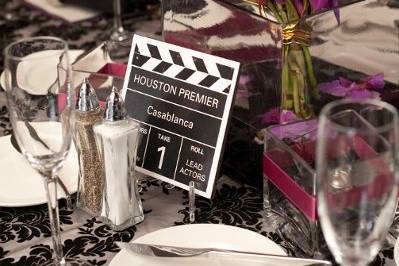 Movie reel table numbers custom designed by Soireebliss! Events.Each table was named for a old hollywood movie.
