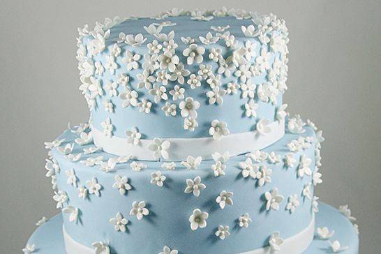 Soft blue wedding cake with white flowers