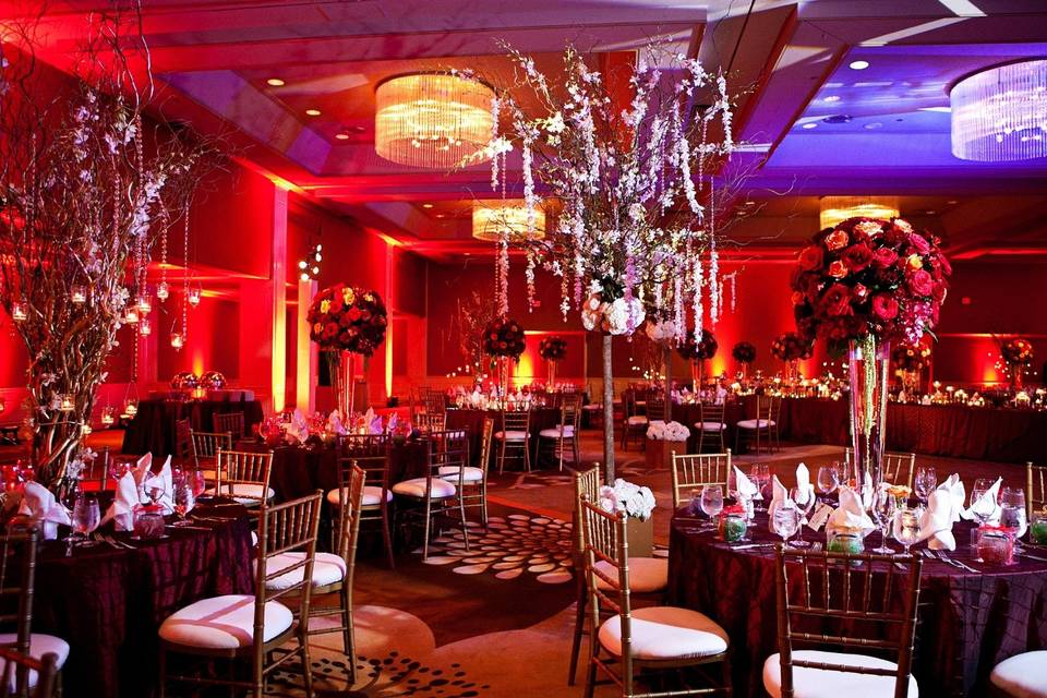 Red lights and decor in ballroom