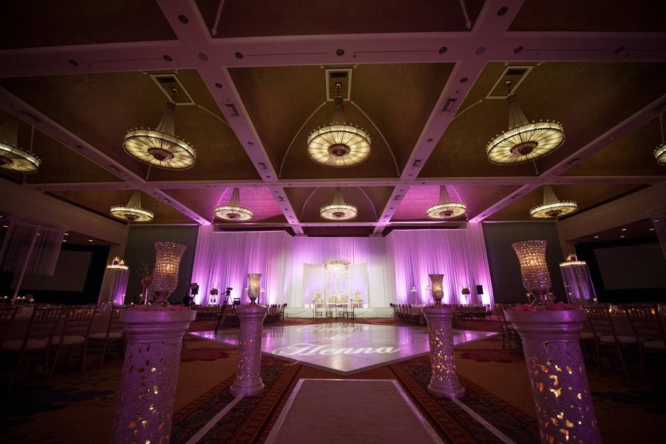 Pink lighting in the ballroom