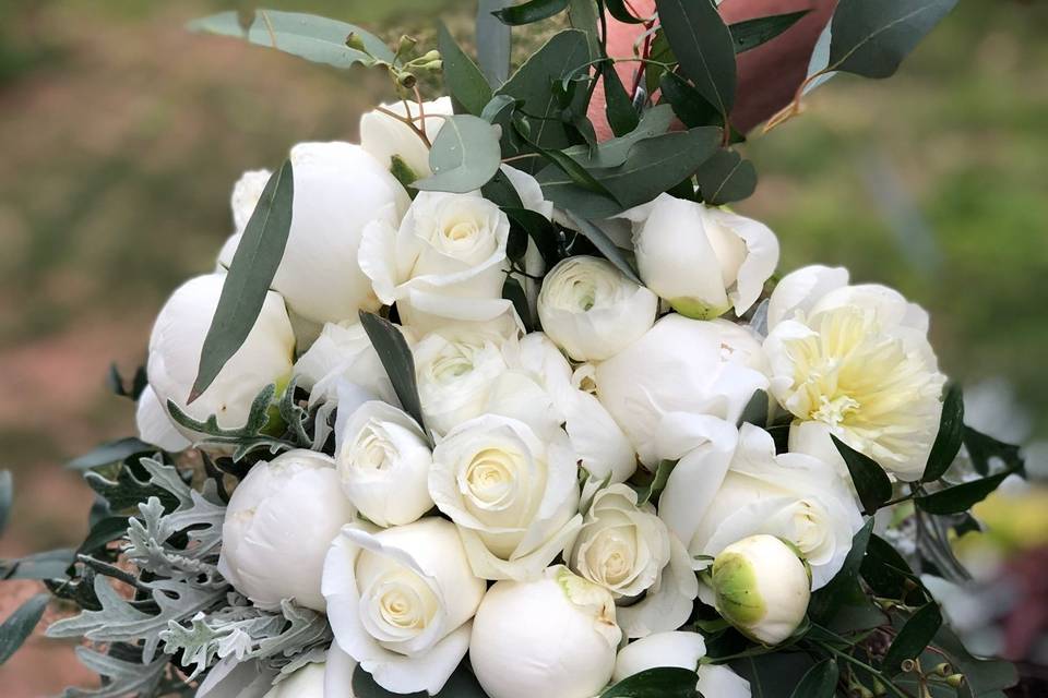 White roses, peonies, lamds ear and eucalyptus