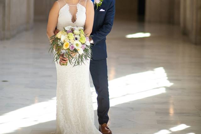 Happy couple with bouquet