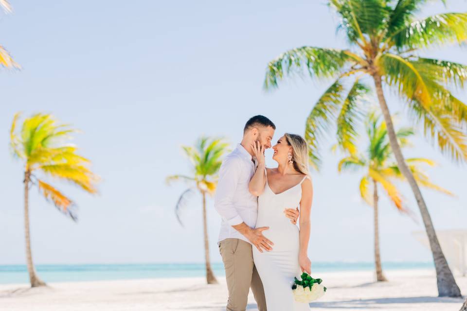 Romantic walk on the white san