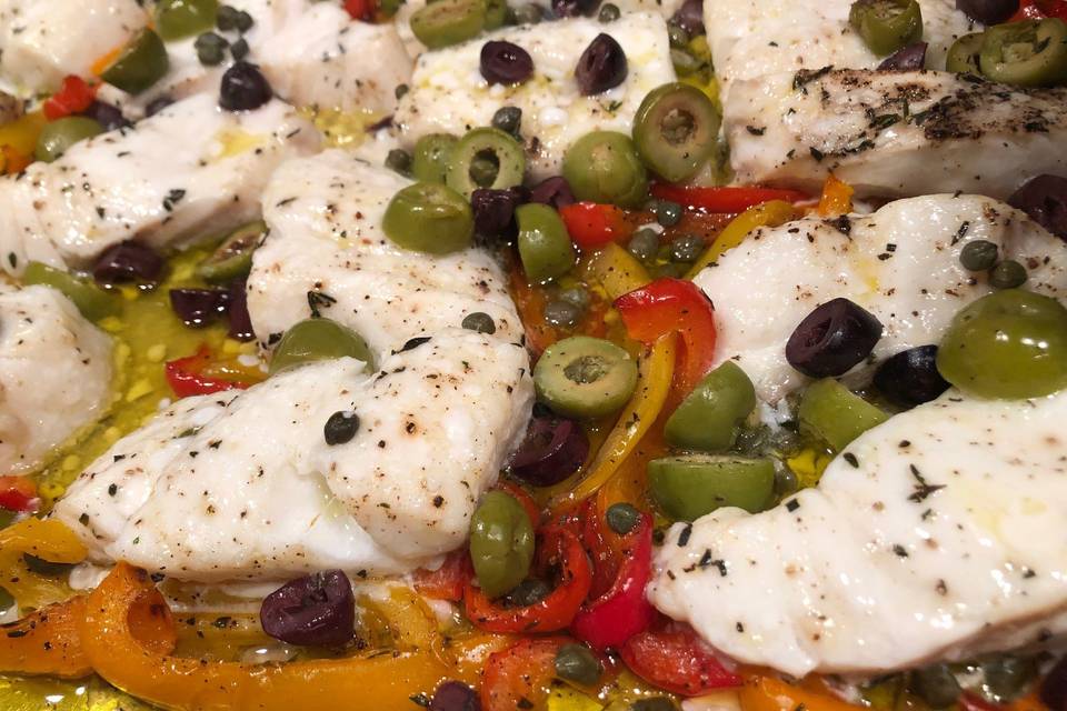 Roasted Cod w Olives, Peppers