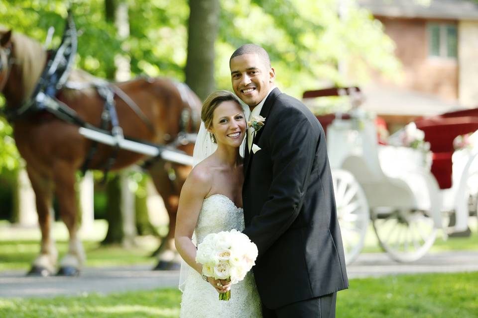 Bride and Groom with horse drawn carriage. WV