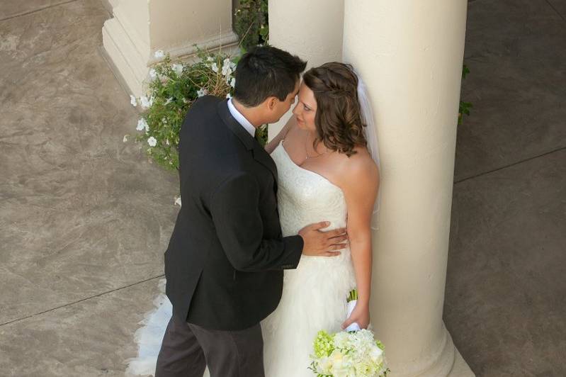 The first reveal of bride and groom at the Magnolia Hotel prior to their ceremony and wedding party pictures.