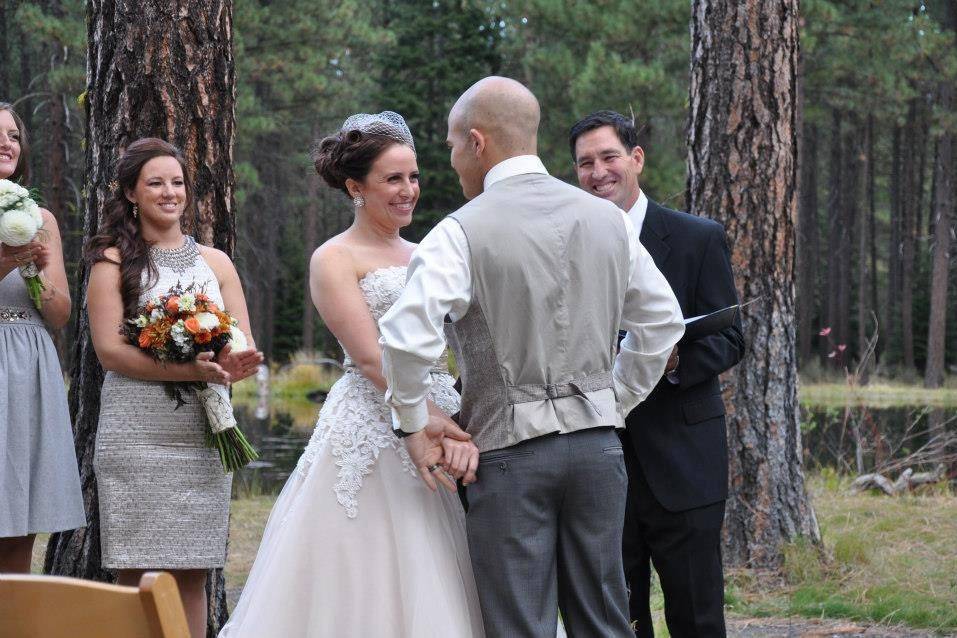 Wedding Ceremony at the pond at Lake Creek Lodge in Camp Sherman, Metolius River area, Central Oregon.http://www.lakecreeklodge.com/receptions.php