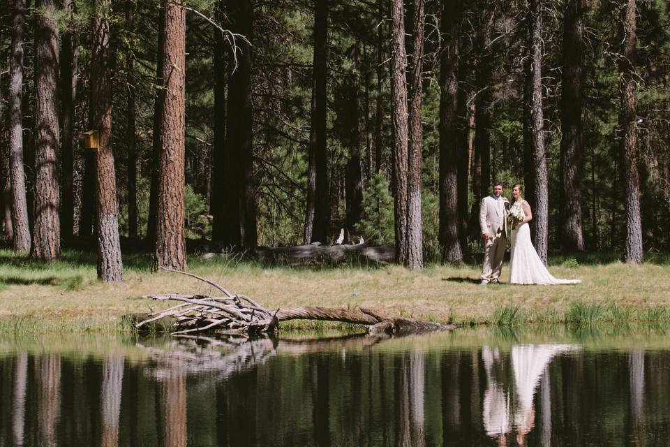 Bride & Groom at the Pond at Lake Creek Lodge in Camp Sherman, Metolius River area, Central Oregon.http://www.lakecreeklodge.com/receptions.php