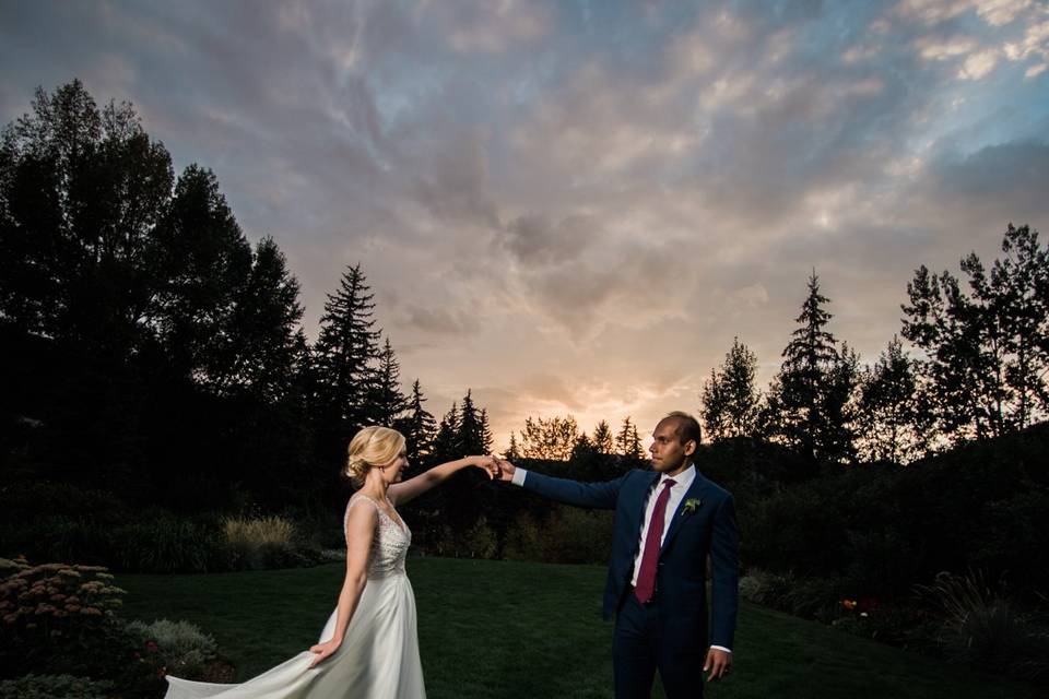 Newlyweds at sunset