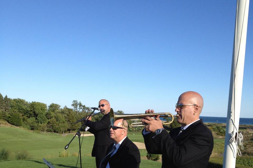 Trio of piano, trumpet and flute at outdoor wedding ceremony at a country club in rhode island