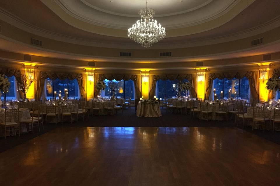 Uplighting the ballroom ready for oheka castle wedding