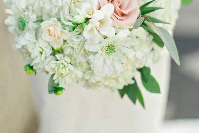 White, blush pink and soft green bridal bouquet. Photo by Awe Captures Photography.