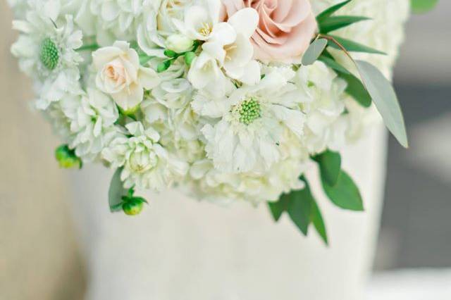 White, blush pink and soft green bridal bouquet. Photo by Awe Captures Photography.