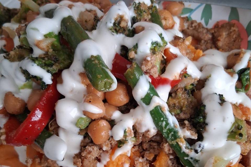 Sweet potatoes with chicken pe