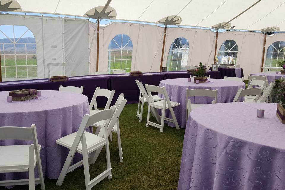 Purple tablecloths with chairs