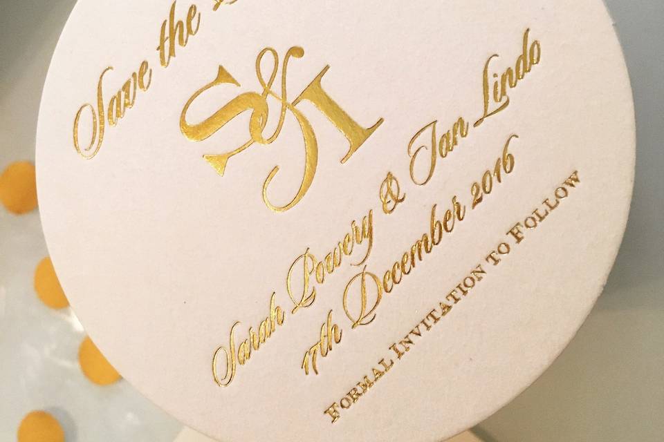 Foil stamped Save-the-Date coasters