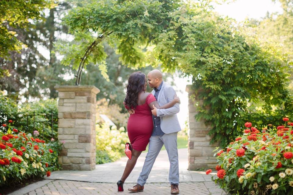Red bottom dancing shoes at engagement shoot at Piedmont Park.