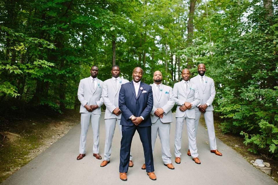 Groomsmen in grey posed at the Emory Conference Center Hotel