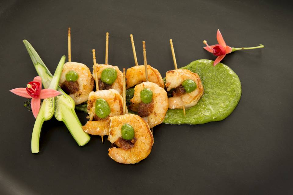 Shrimp and Chorizo skewers with cilantro mojo