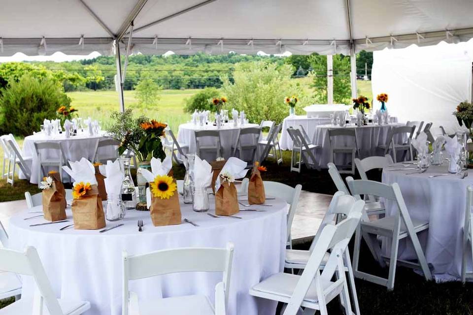 This wedding was on the family's farm. Pierrot Catering arranged all rentals and linens