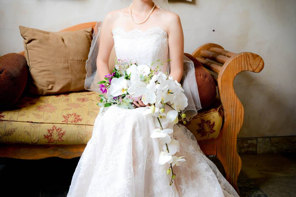 Wedding dress and bouquet