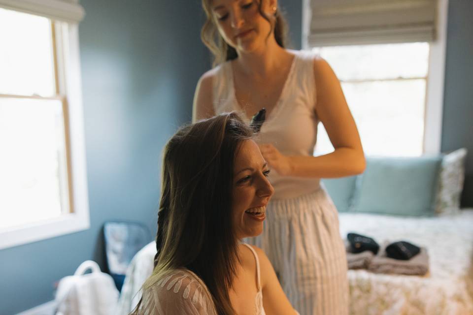 Doing hair in bridal suite