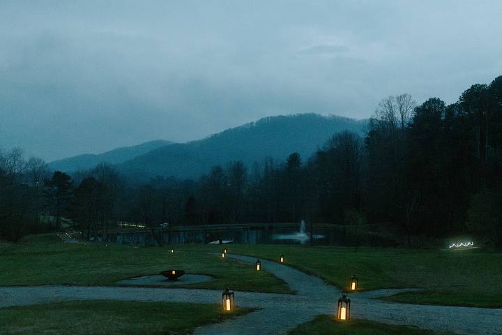 Lantern lit path at dusk