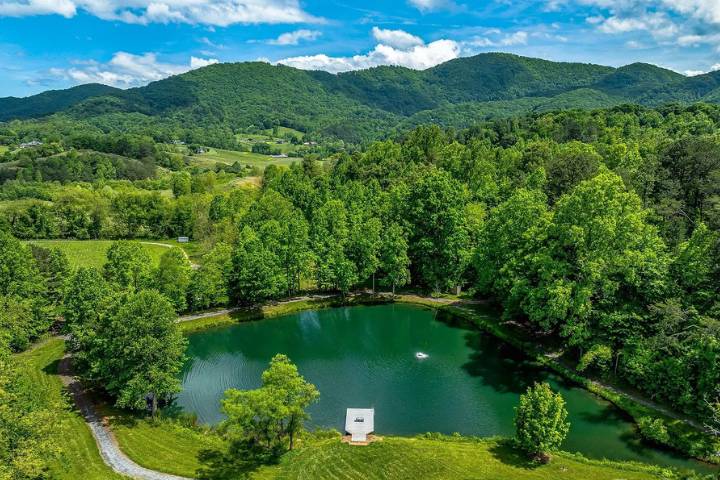 Aerial of pond and mountains