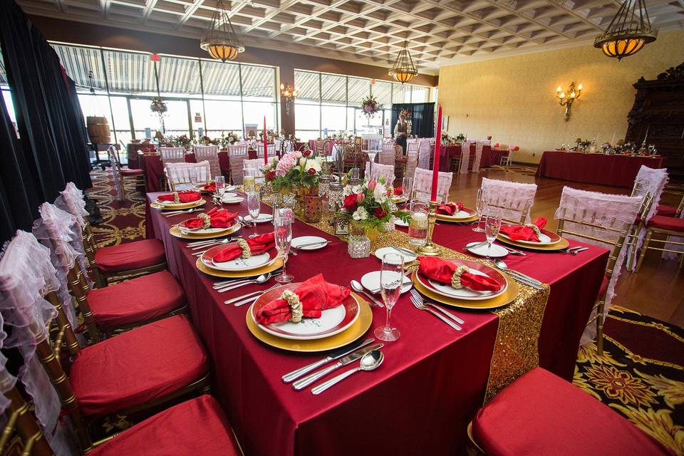 Gold and red table setup