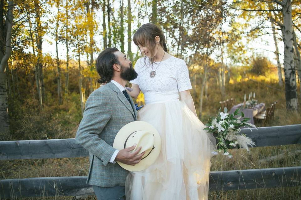 Bride and groom in the fall