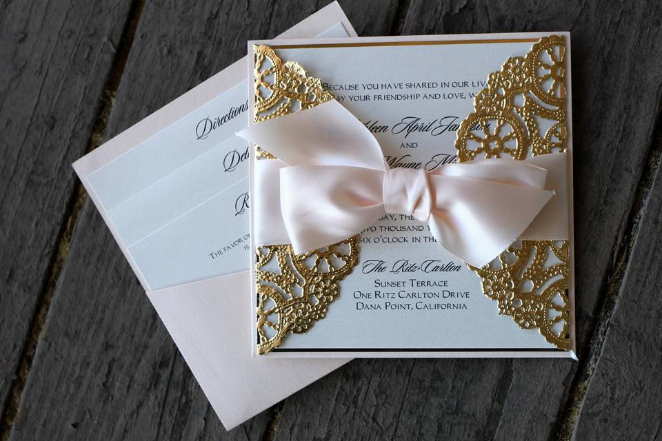 Square pocket card, blush & gold doily