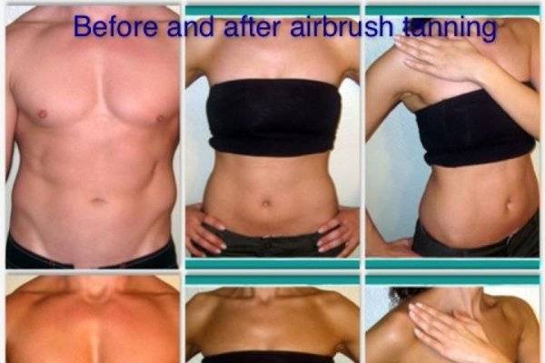 These are before and after pictures of airbrush tanning. Notice the beautiful natural golden brown color without the orange and how toned the muscles are.
