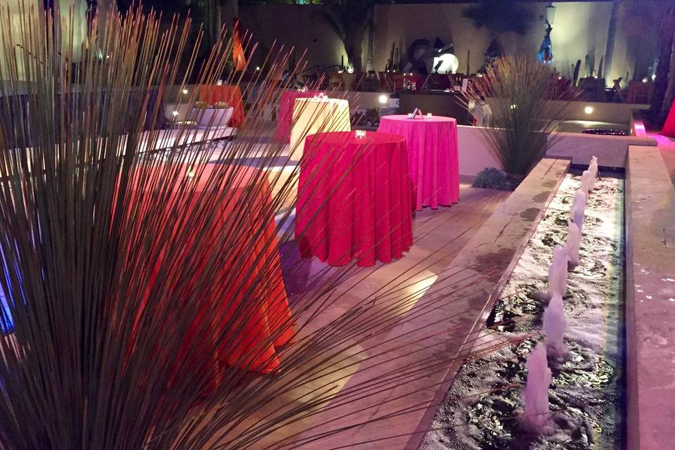 Outdoor casual reception with lots of bright vibrant colors to communicate an energetic vibe.