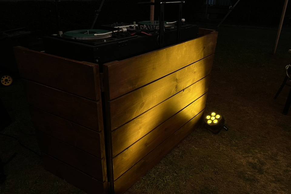 Our Rustic DJ Booth at night.