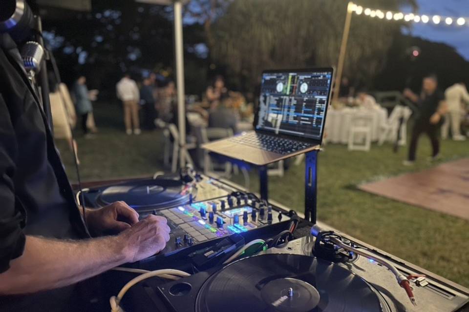 Our Rustic DJ Booth at night.