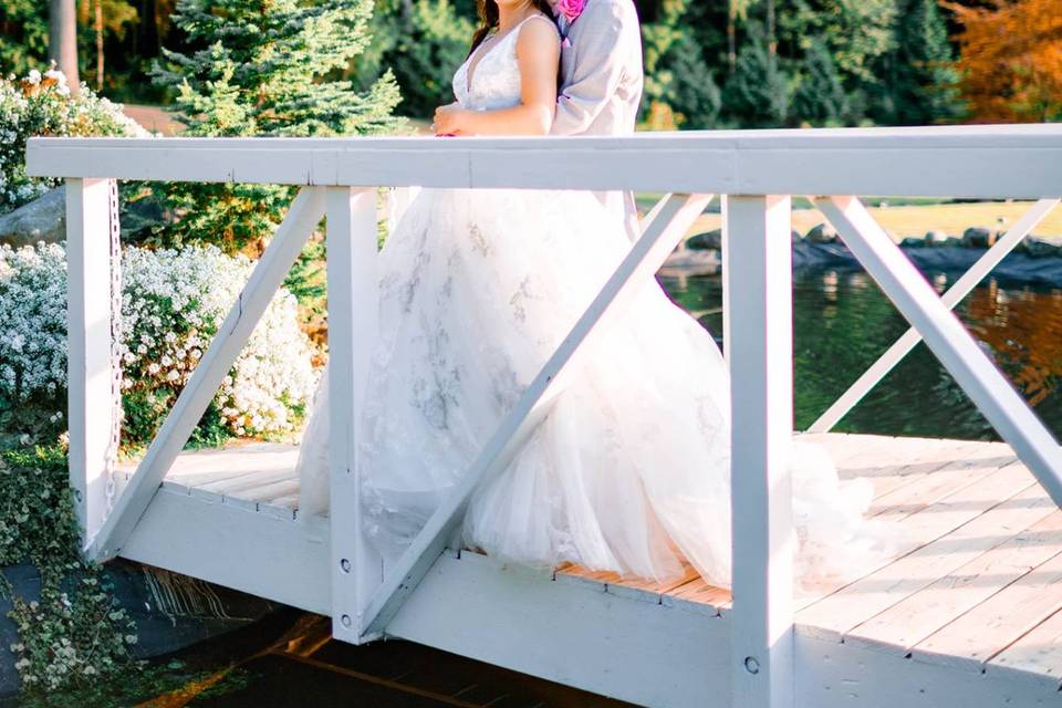 Bride and groom on the bridge