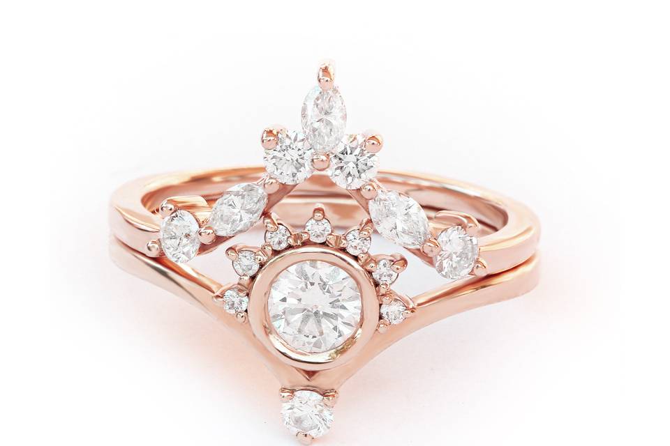 Unique Rose gold Diamond engagement Wedding ring set with matching marqusie diamond side band handmade by silly shiny diamonds