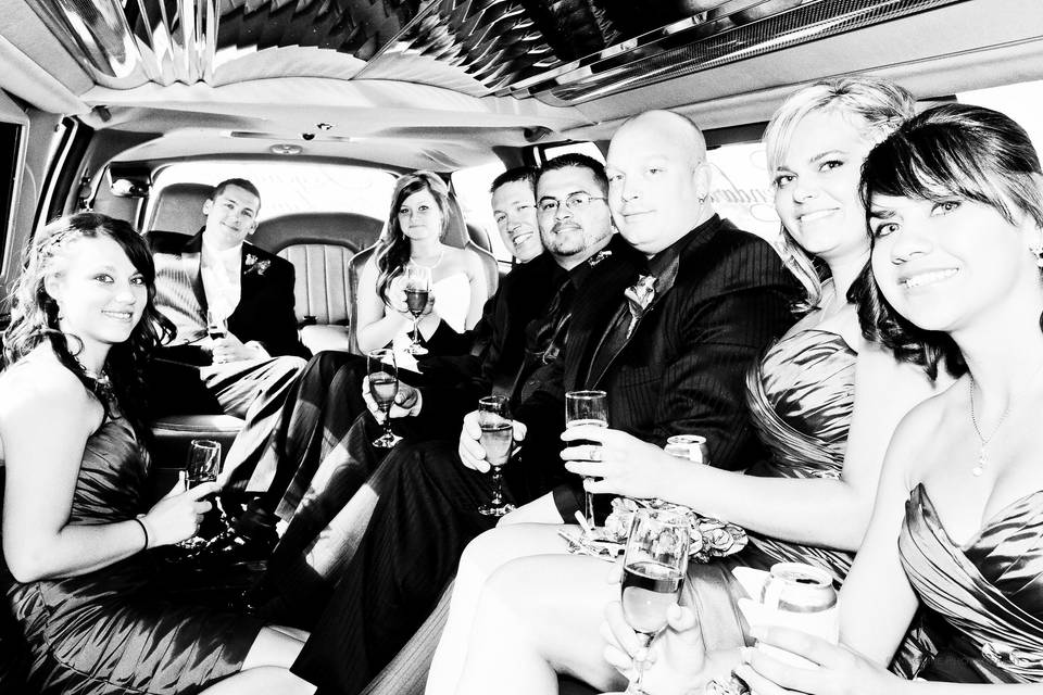 limosine, ride, bridal party, wine, hummer, service, husband, bride, bride's maids, best man