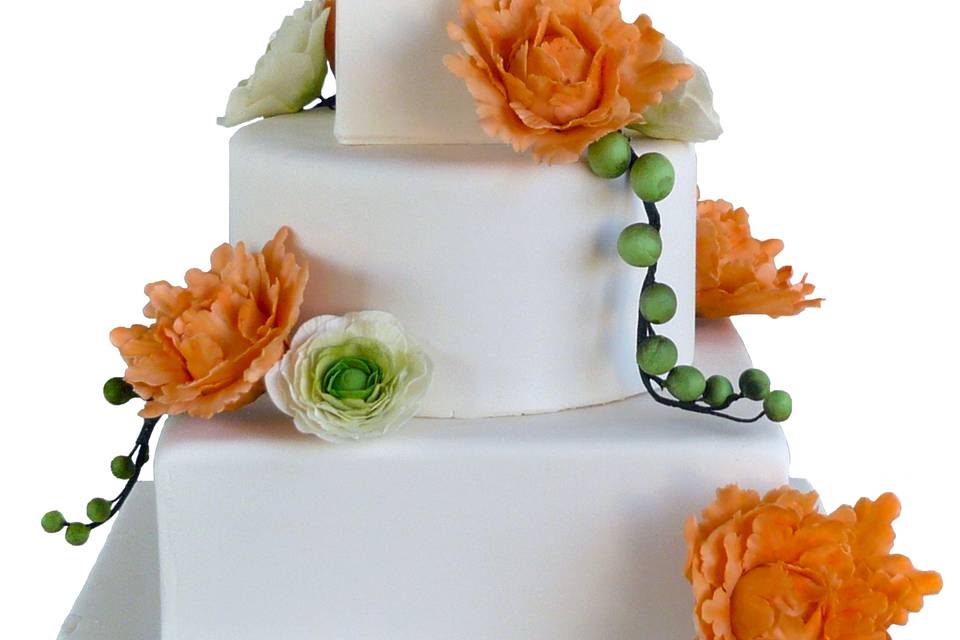 Orange Peony and Ranunculus Wedding Cake